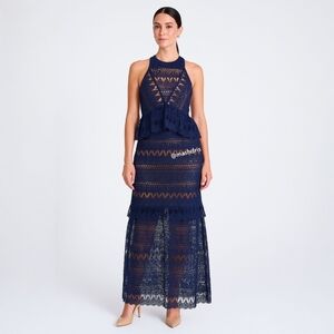 Self-Portrait Guipure Lace Maxi Dress - Sheer Peplum Ruffle Elegant Feminine - 6